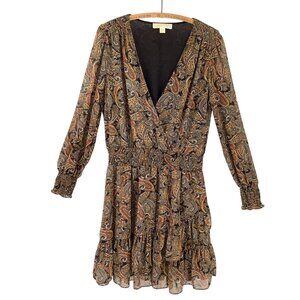 Michael Kors Mini Dress Size Large Black & Multicolor Paisley Sheer Long Sleeve